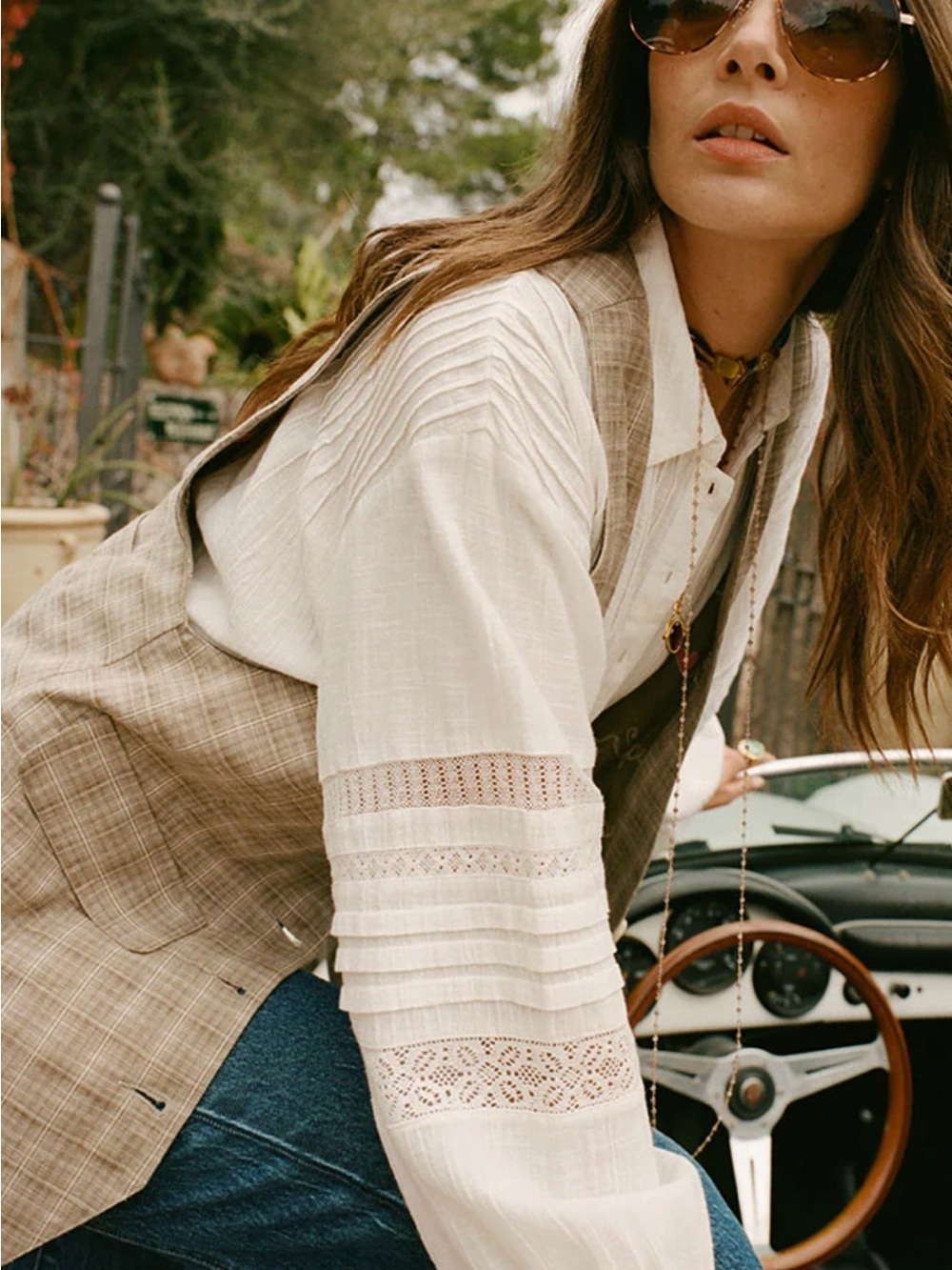 Spell Ivory Lace Pintuck Blouse with Taupe Plaid Vest